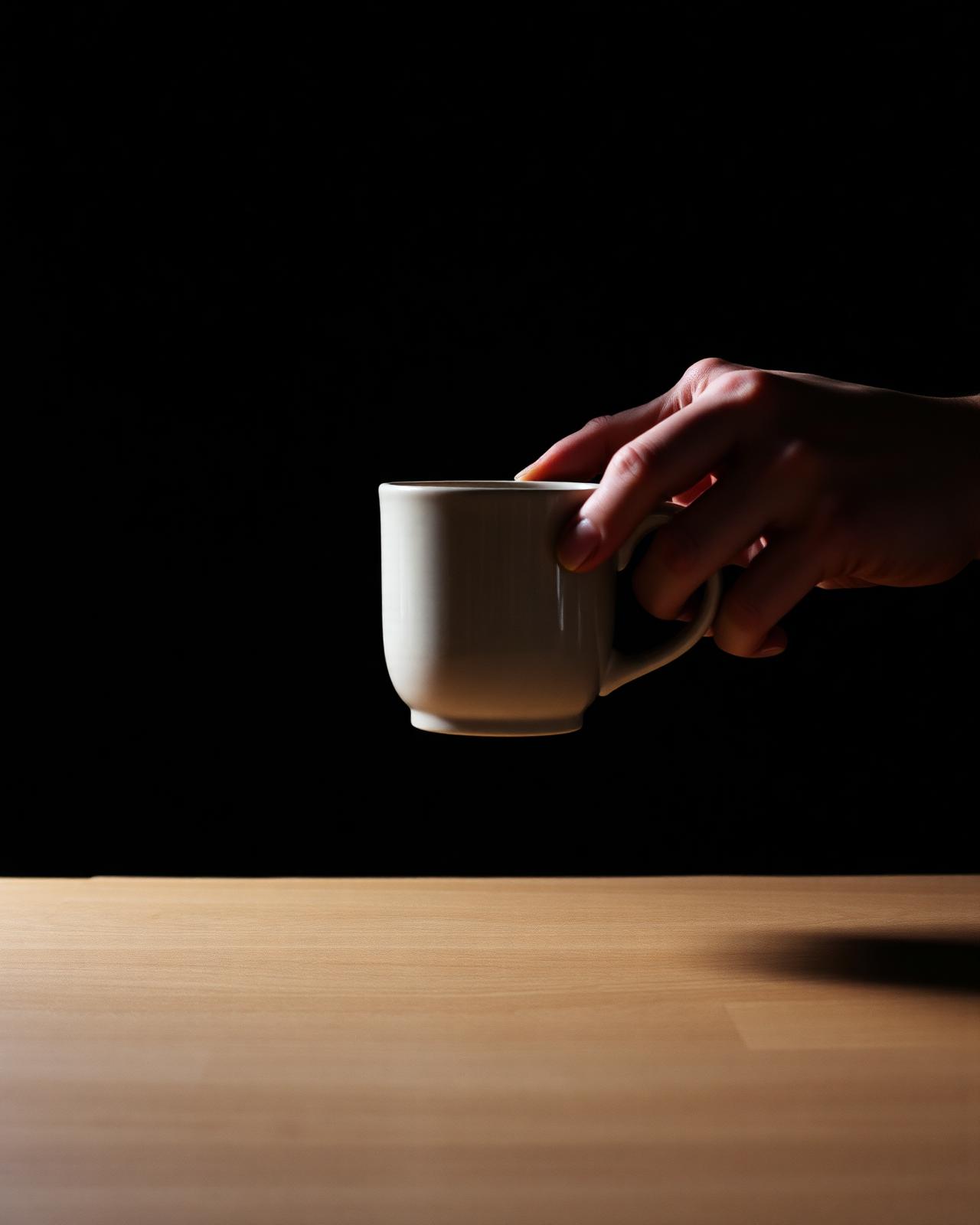 A hand setting a warm mug on a table in low evening light